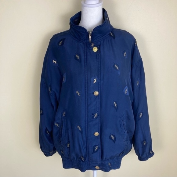 Vintage 90s Silk Bomber Windbreaker Jacket Navy Gold Leaf Print Gorpcore Sz M - Picture 1 of 16